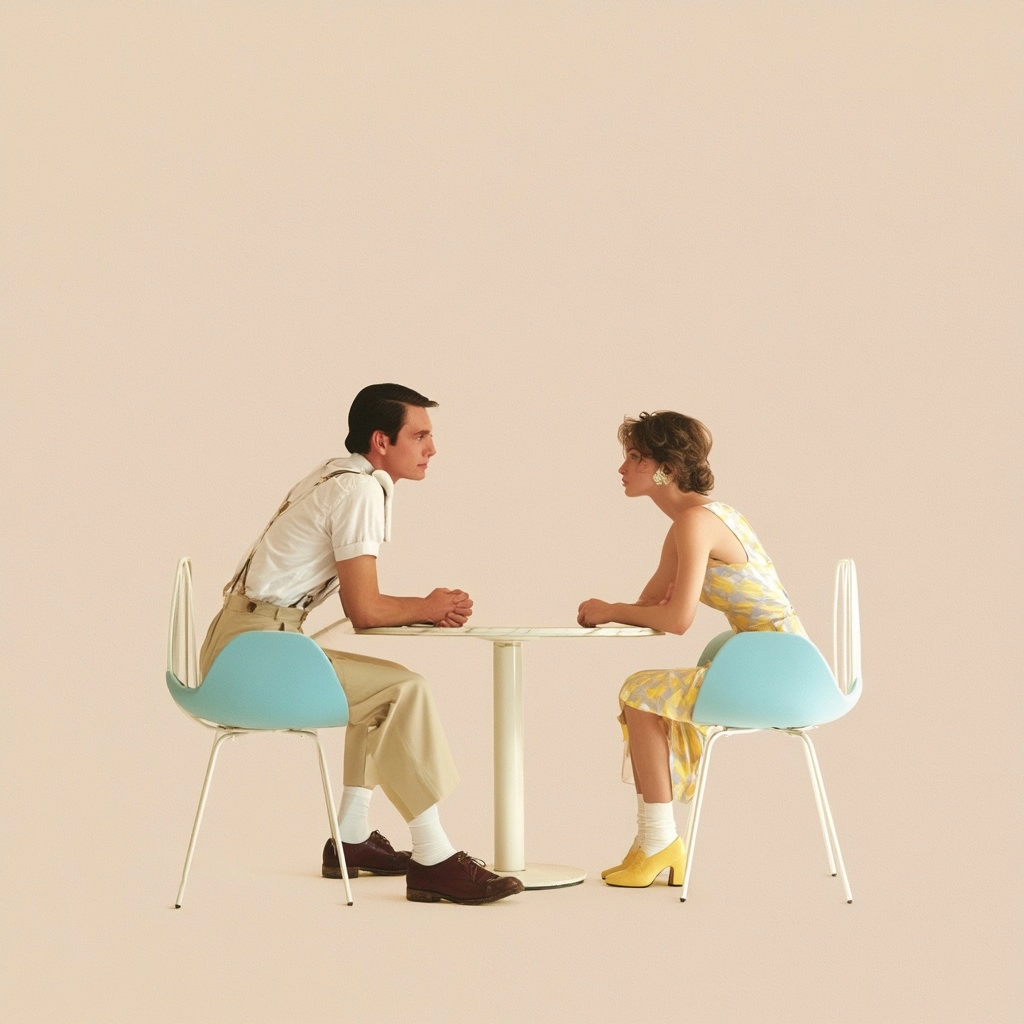 Two figures sitting across each other with speech bubbles, minimal cafe setting