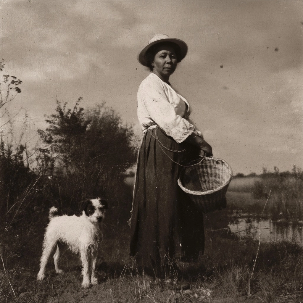 Criar uma imagem bucolica de uma moça camponesa, com um cachorro ao lado, em ambiente rural