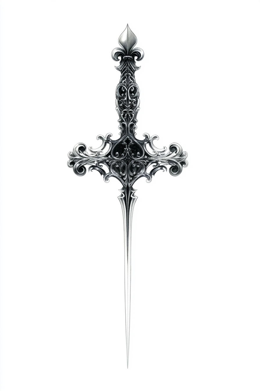 A fine pencil and ink technical drawing of a highly ornate Gothic fantasy dagger