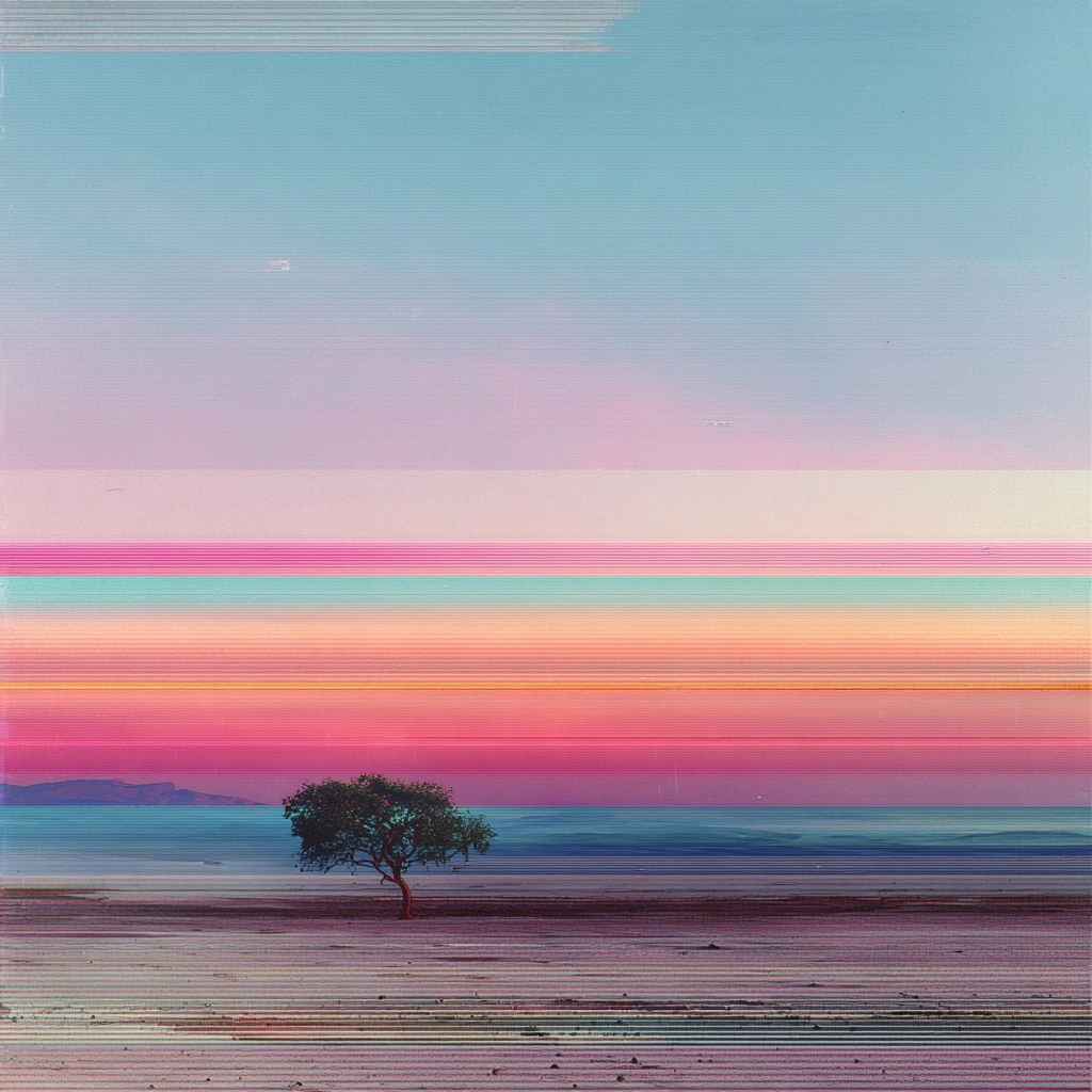 Minimalist glitch art, desert landscape, with a horizon, soft pastel colors, 80s style