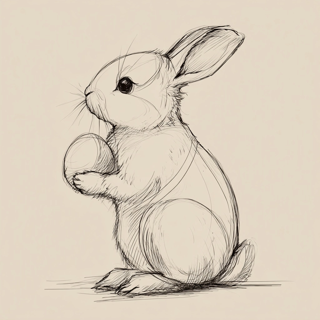 Basic sketch line drawing, side profile of a cute bunny sitting and holding an easter egg.