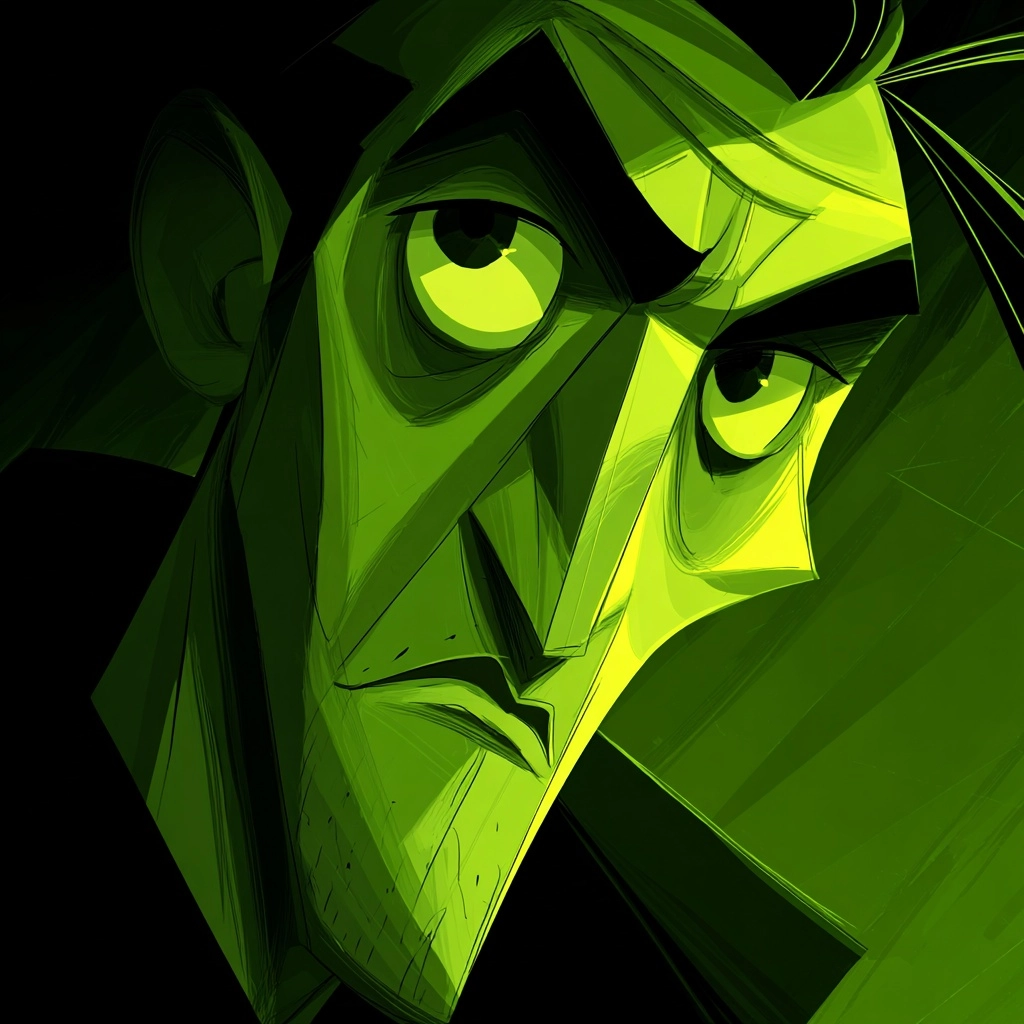 Digital noir with angular realism (v7) close-up of a stylized animated character in a green-lit room