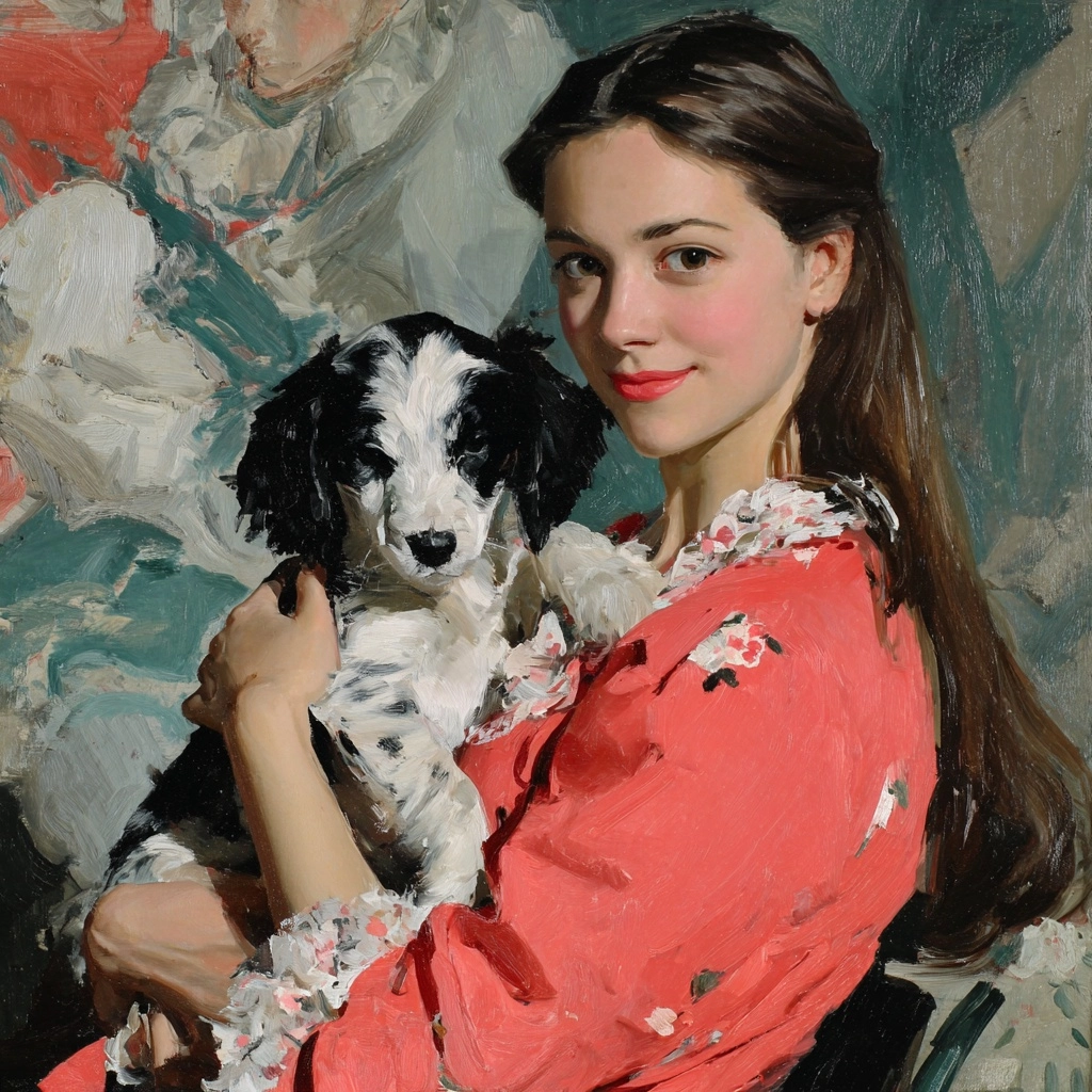 A woman with long brown straight hair is holding a puppy.