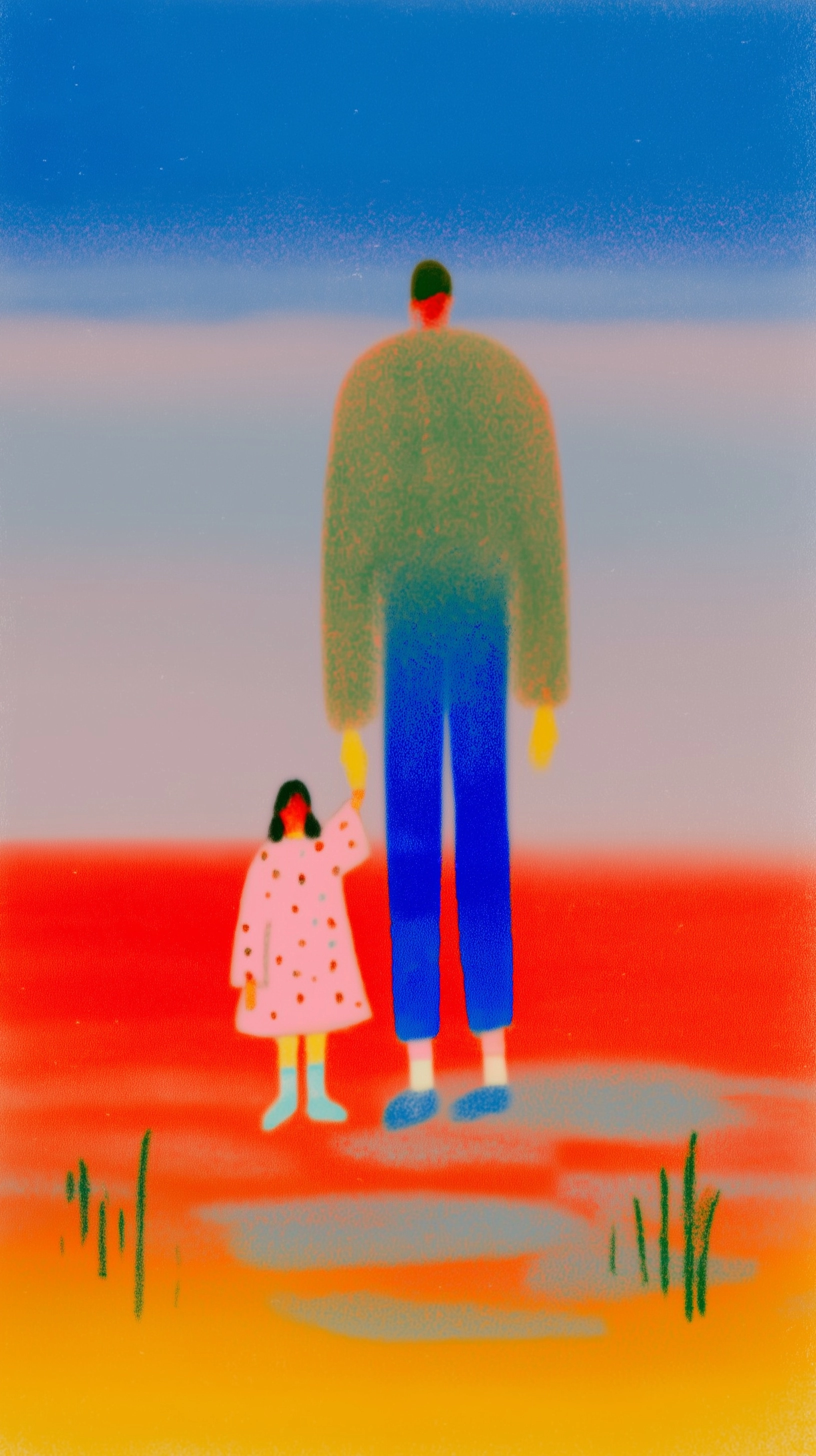 A young girl holding walking and holding the hand of a gaint father