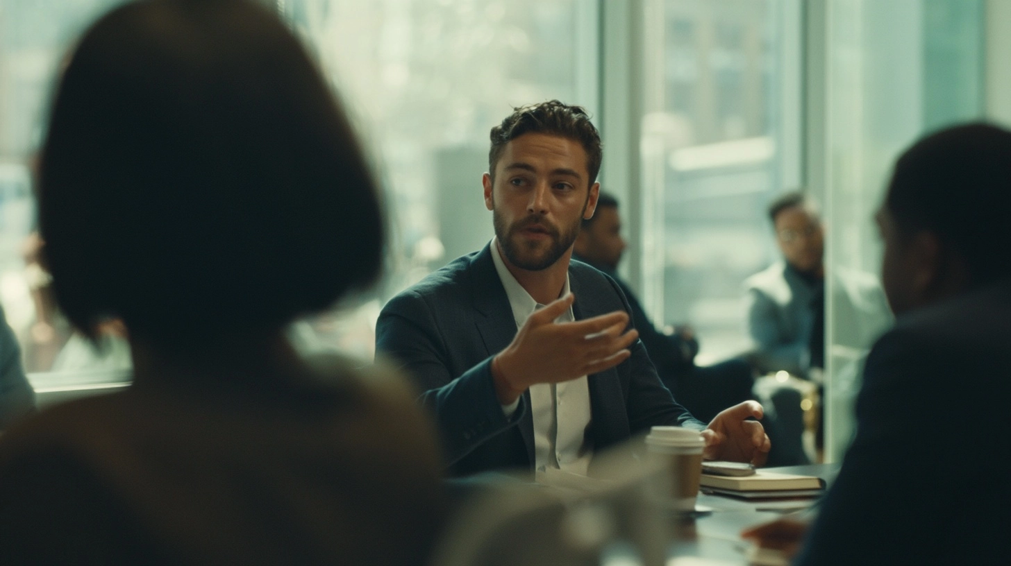 Film still, full shot, a male employee (around 30) is sit and speaking on a meeting in bright office