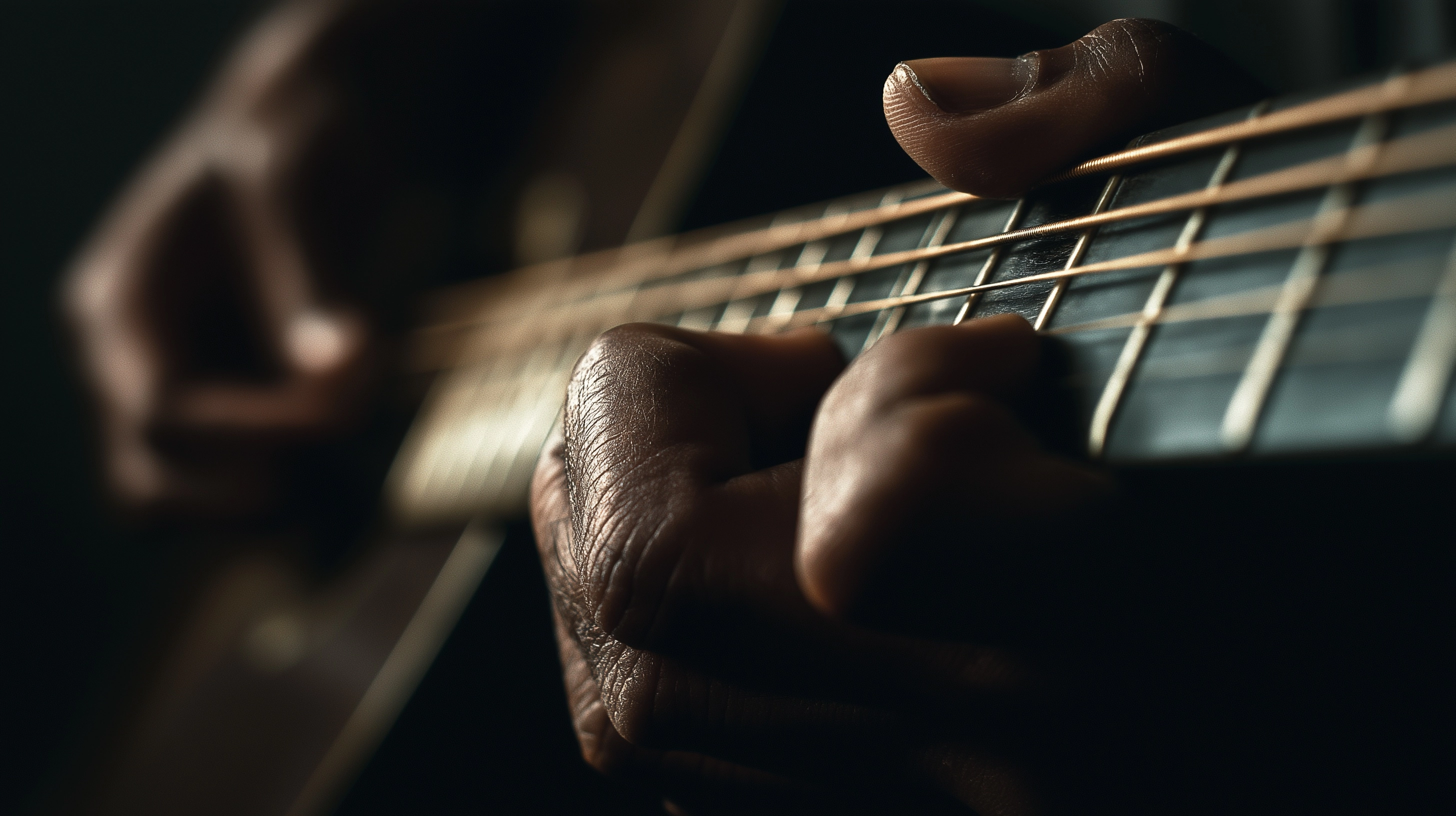 Close-up photograph of human hands playing an acoustic guitar