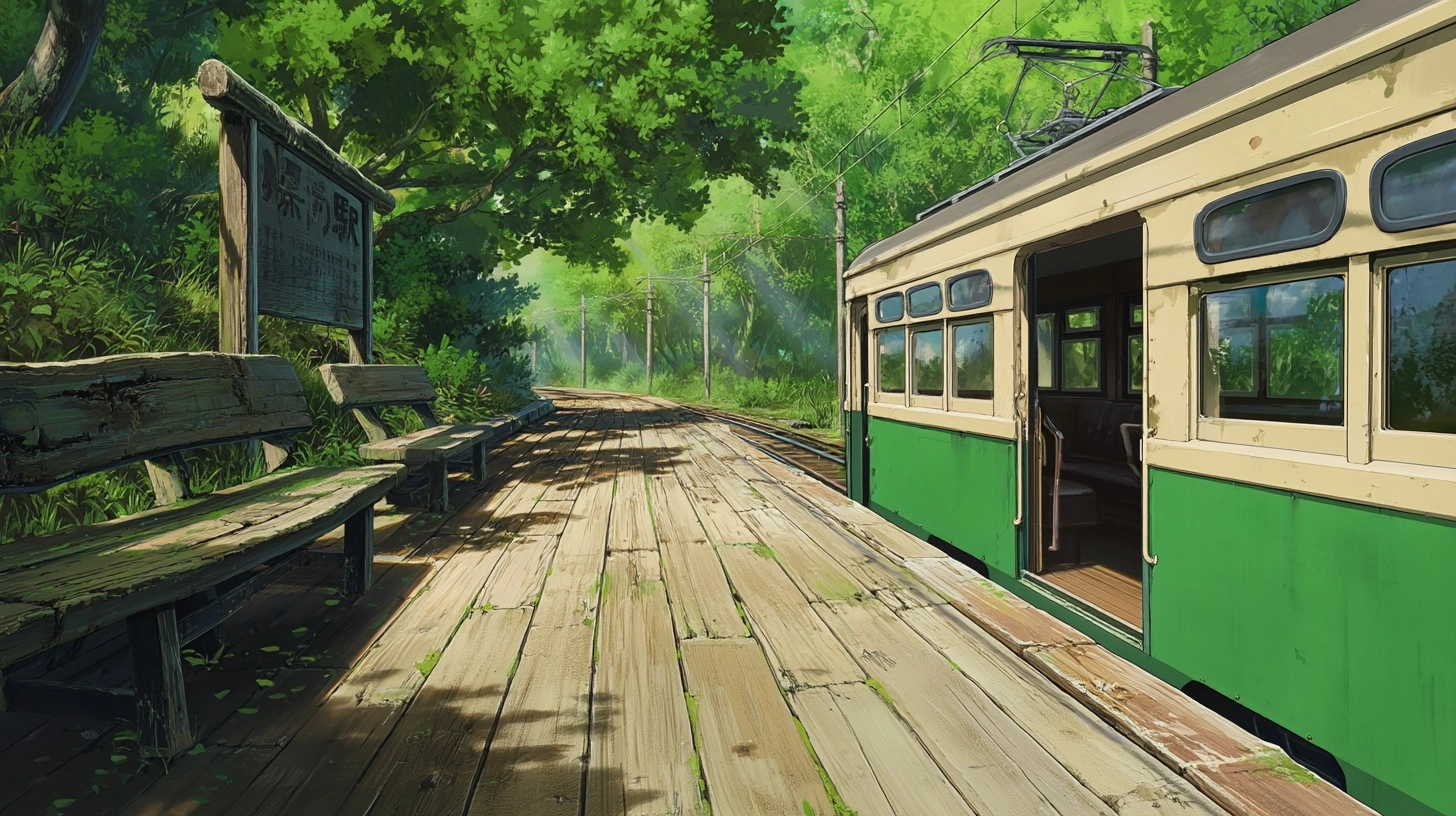 Hayao Miyazaki style background art, perspective looking along a sun-drenched weathered wooden train