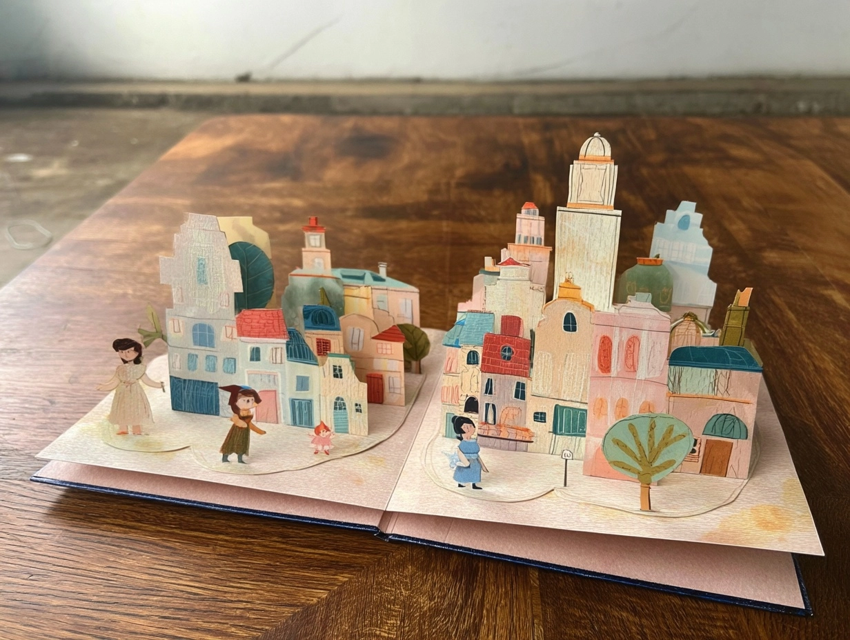 An open pop-up book, illustrated paper mache, cutout paper doll style, buildings
