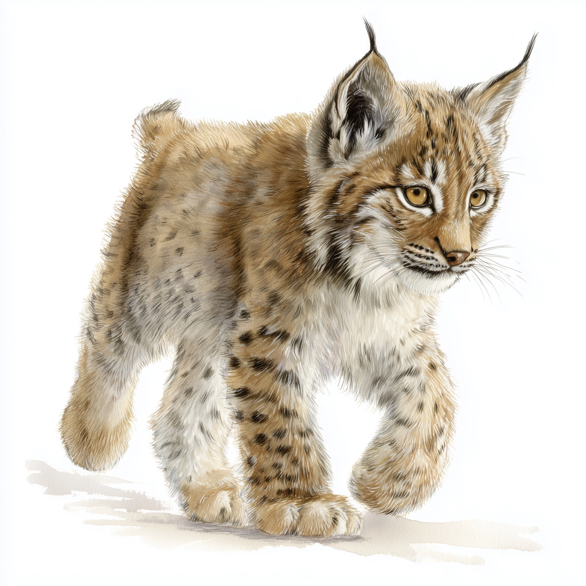Juvenile eurasian lynx, 3 to 4 months old, walking or trotting playfully