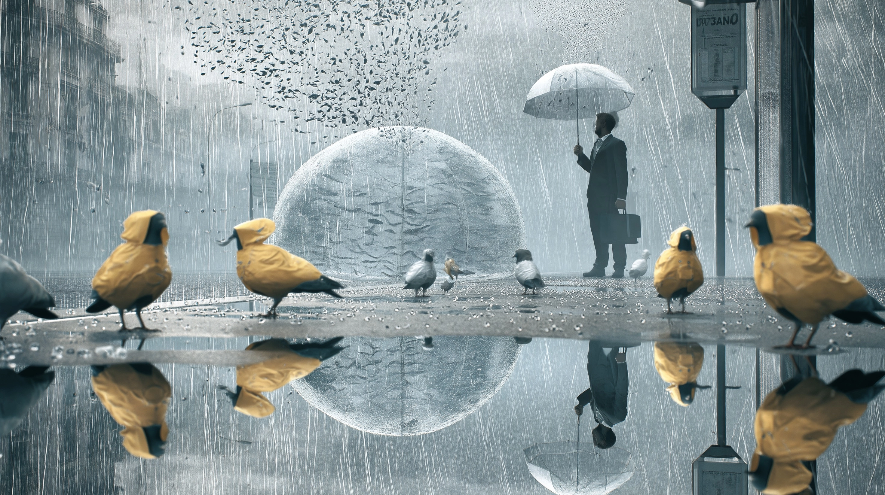 Photorealistic surreal rainstorm scene: a businessman waiting at a bus stop
