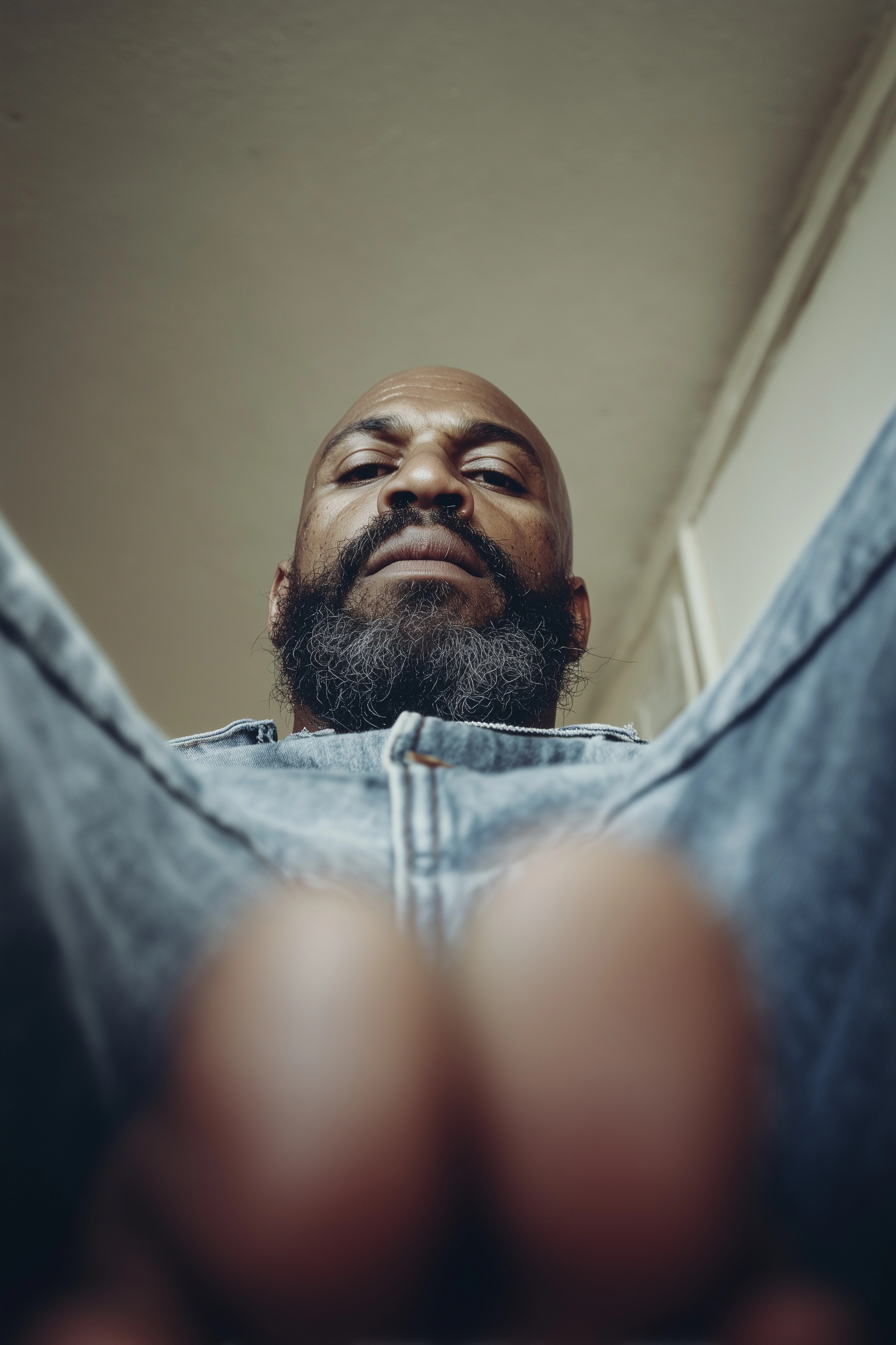 POV perspective from floor level looking up at seated large, bald, bearded black man