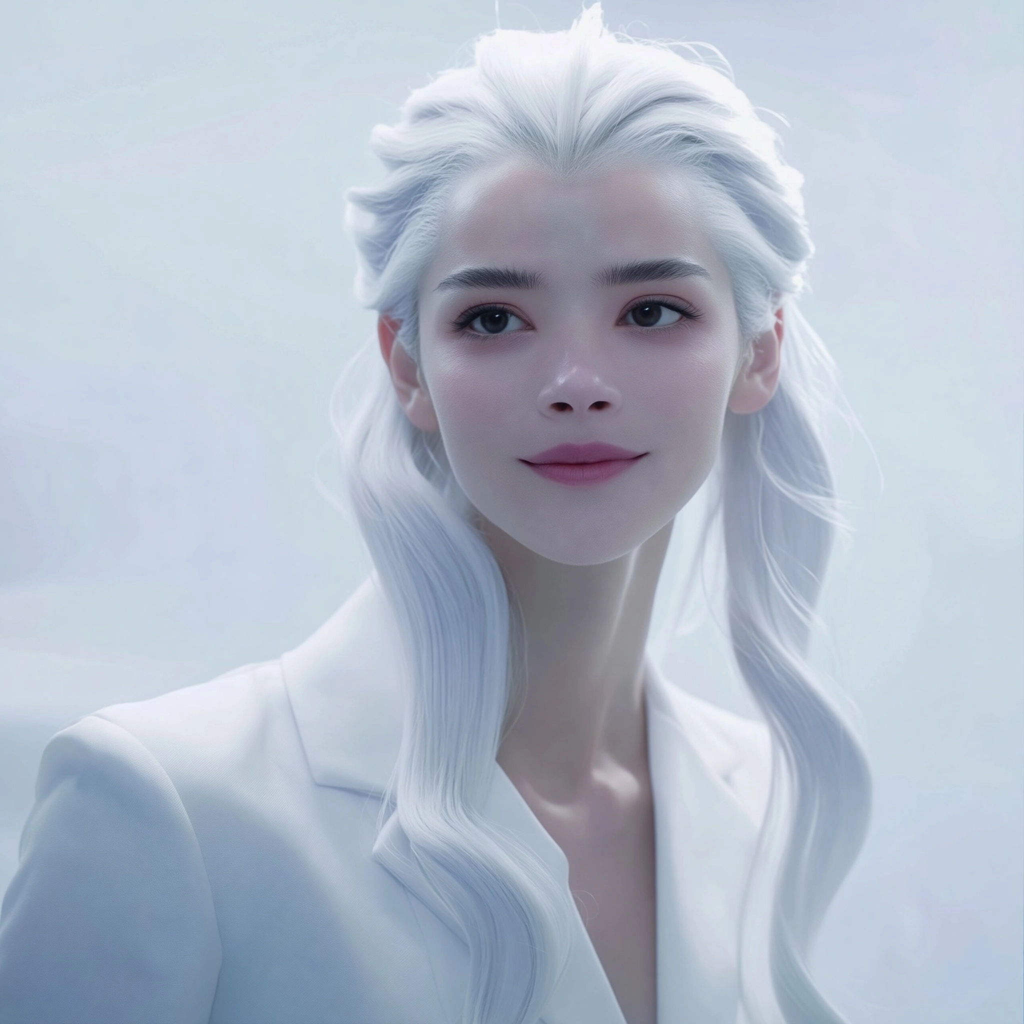 Smile female researcher, long waves white ponytail, soft eyes, white lab coat, pale skin, all white