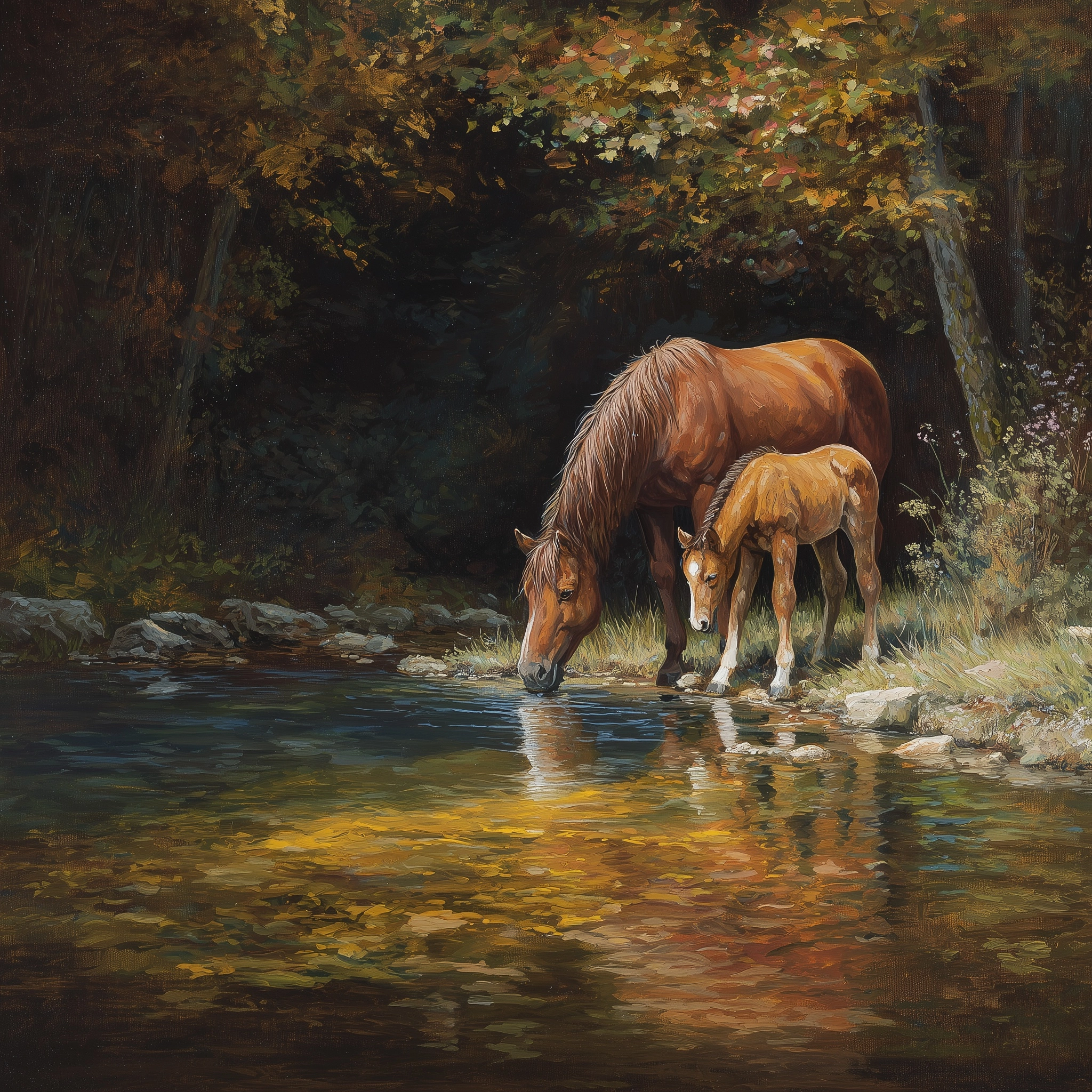 Vintage style acrylic painting of a horse and colt near a stream