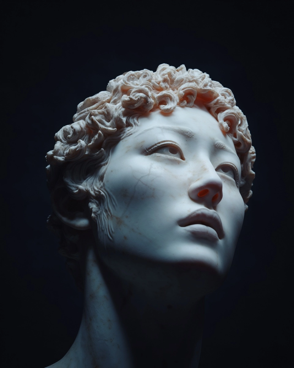 Cinematic photograph of close-up face of an ancient Greek marble statue, female