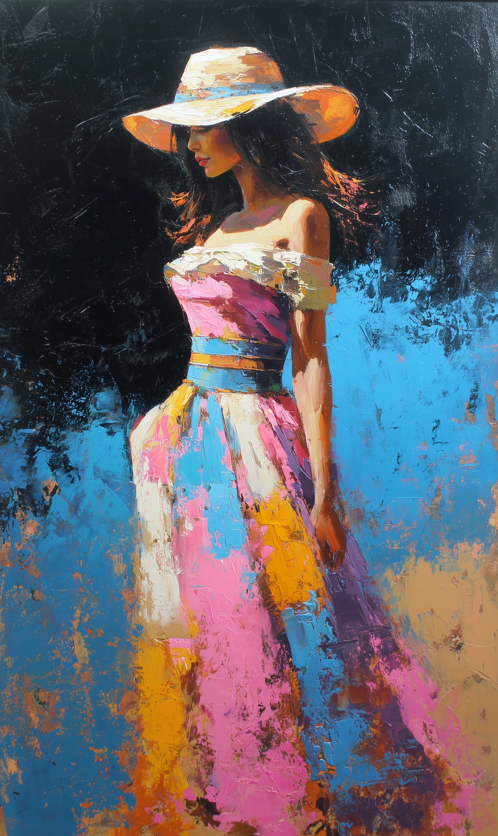 African woman is a portrait with hat, oil painting of a young woman with long