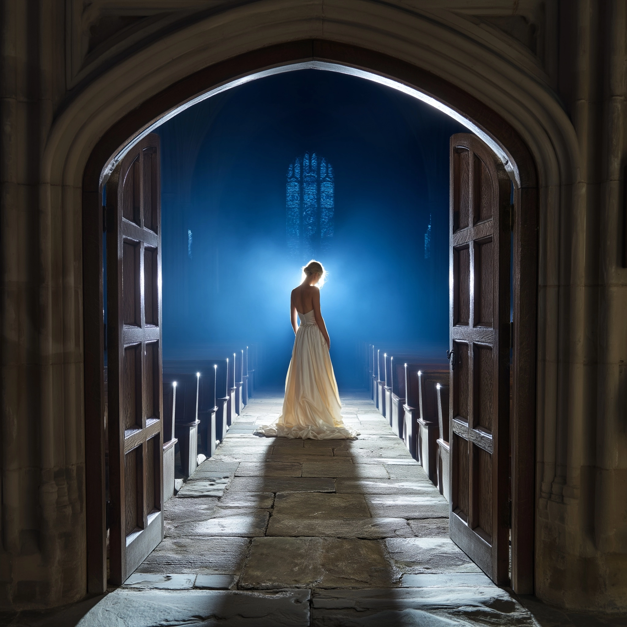 Lifestyle photograph of a bride in an ivory silk gown standing alone at the far end of a stone churc