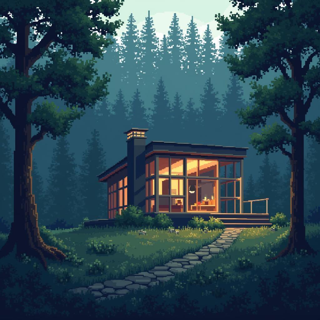 Pixelated Glass House Reflecting the Deep Forest