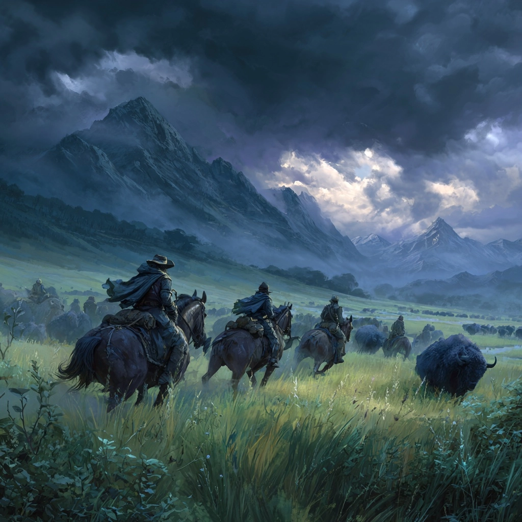 Medievil bandits on horses riding after a huge herd of buffaloes in meadows grassland action dynamic