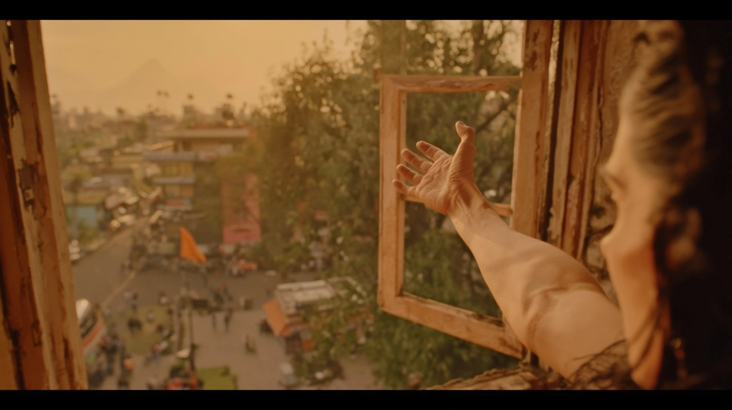 An open window, The girl stretches her hand out through the open window as if touching the air; beyo