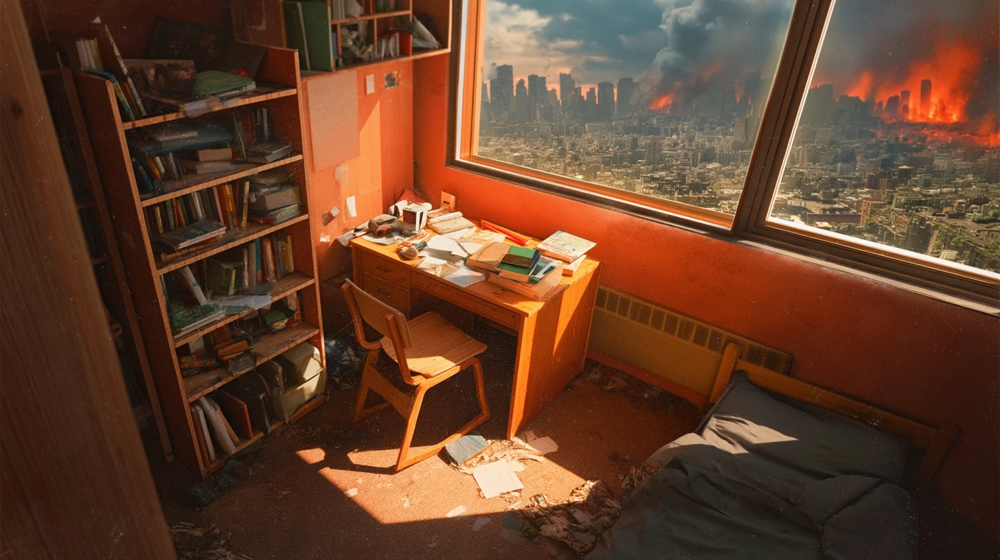 Interior cramped college dorm room, small confined space with narrow layout