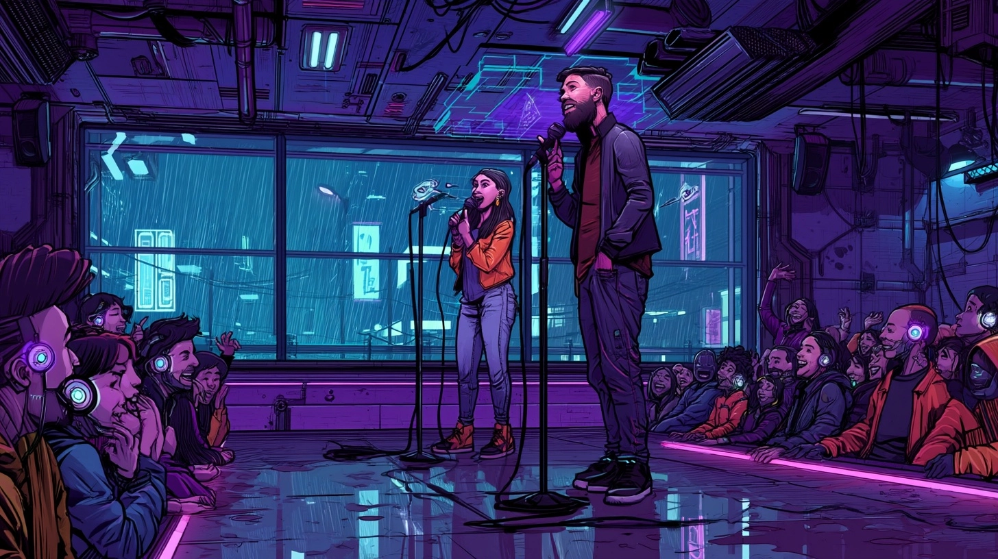 A man and a woman performing stand-up comedy on a futuristic cyberpunk stage
