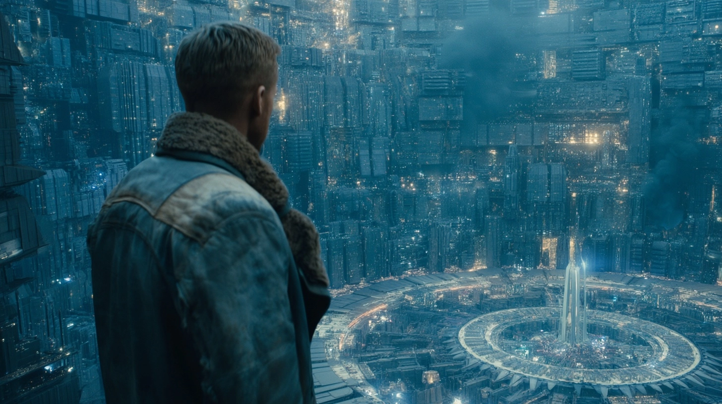 A cinematicc film screengrab from a new blade runner movie taking place 1000 year after the first mo