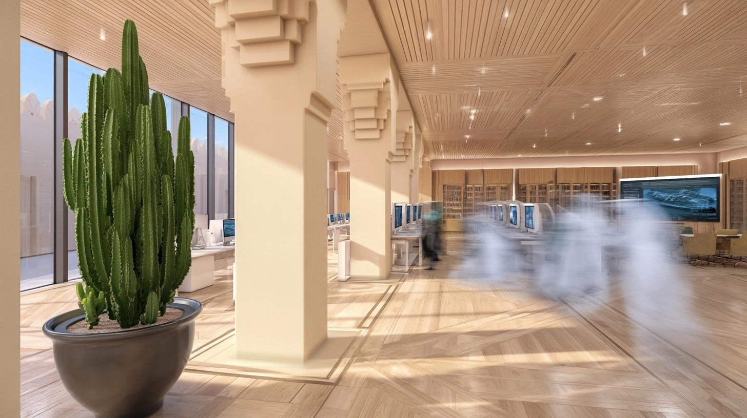 Cinematic dolly-out shot, dramatic time-lapse inside Darat King Abdulaziz's modern research hall. Th