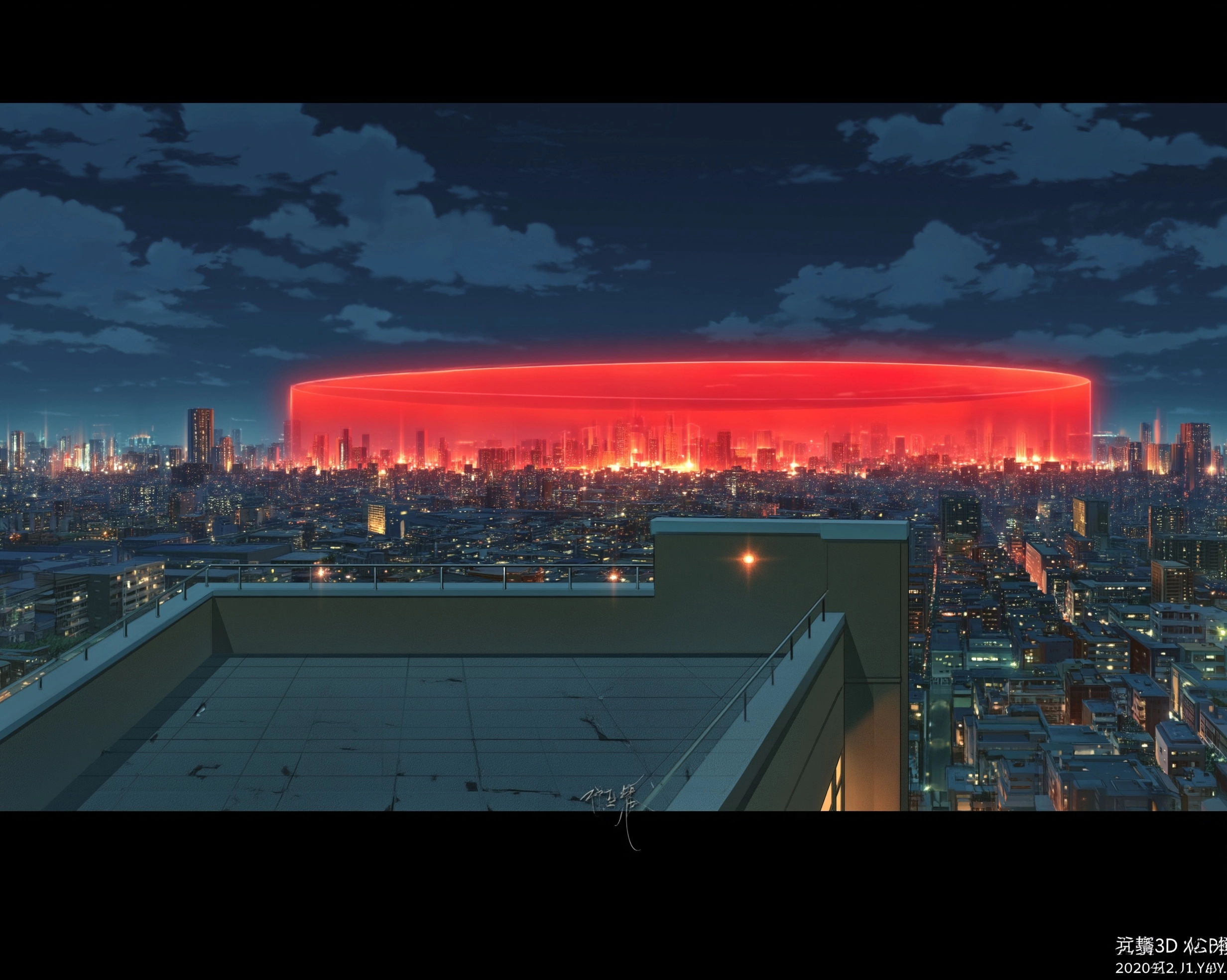 Rooftop View of a City Under a Red Barrier