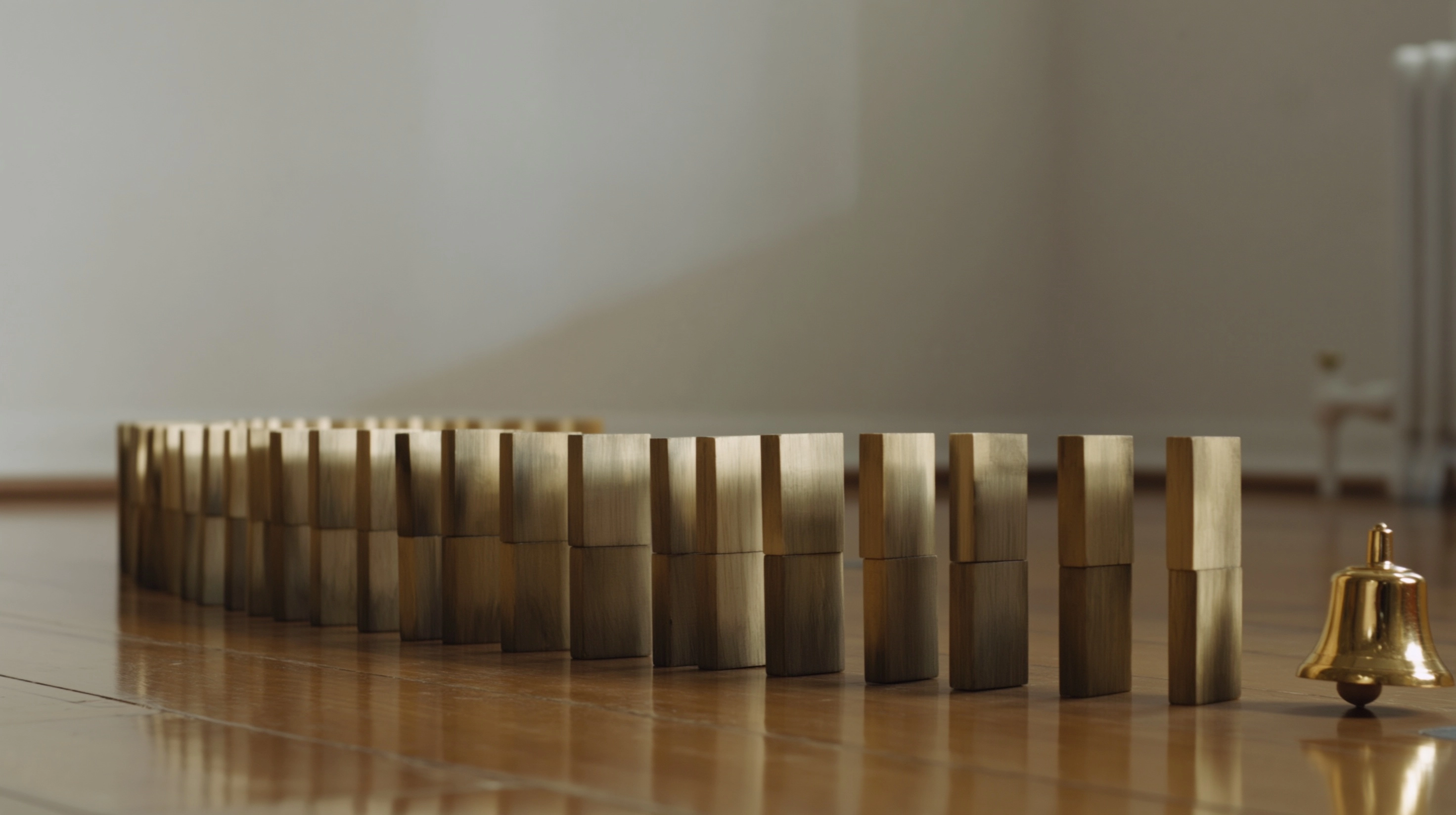 A line of dominoes is set up in a spiral, with the final domino hitting a bell that signals a deadli