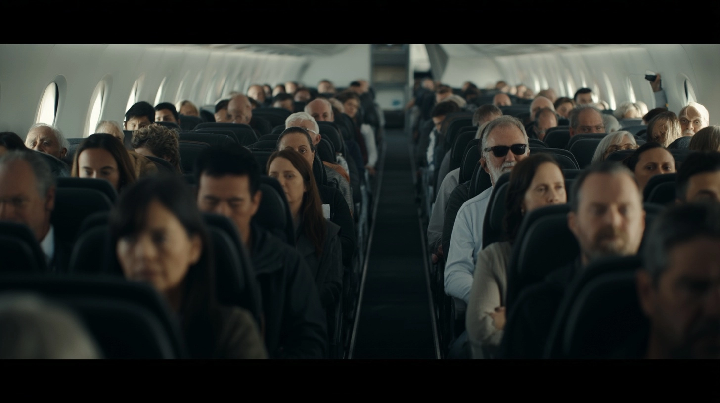 View from front of commercial airplane cabin looking at passengers faces