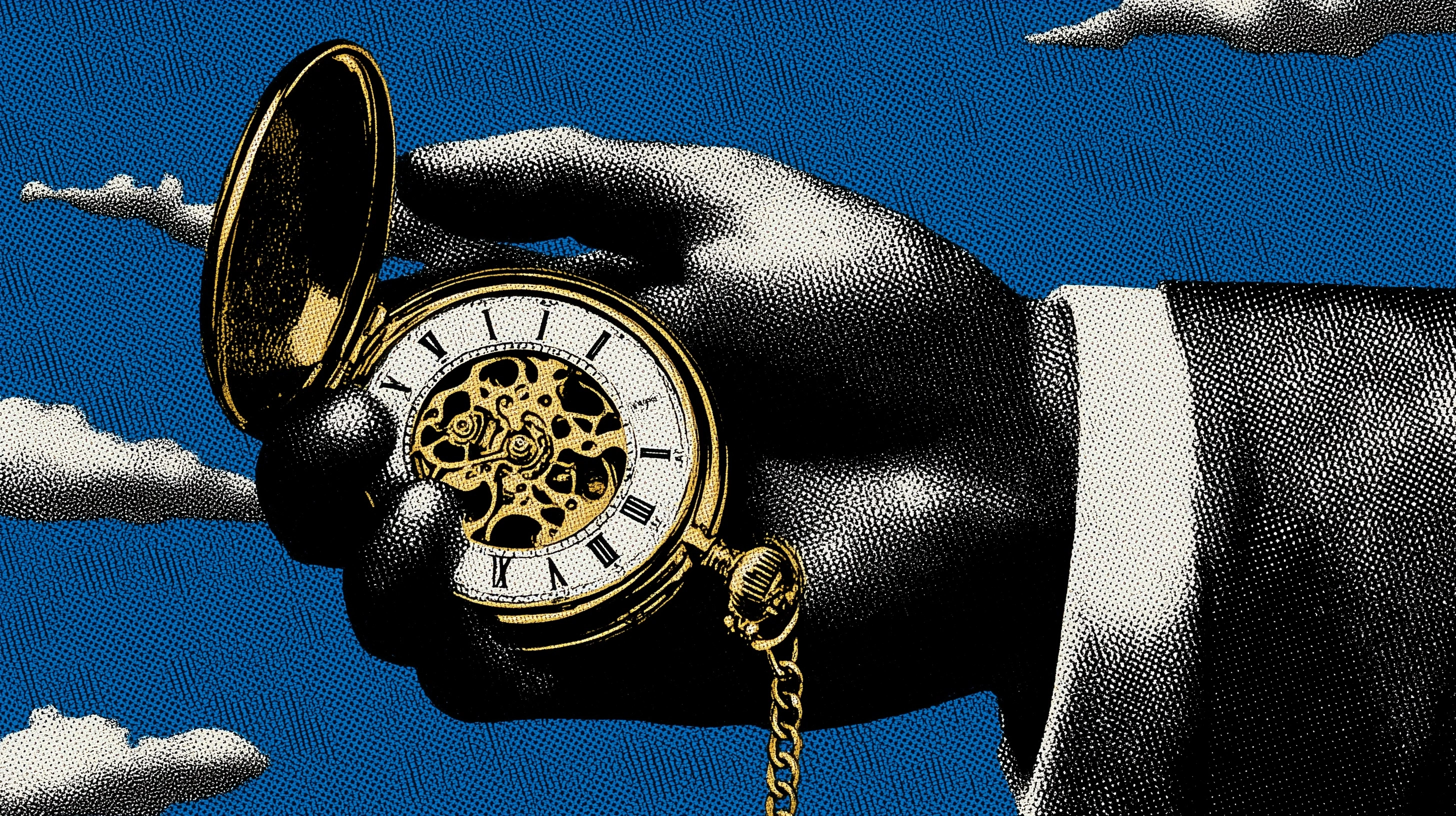 Close-up of open pocket watch in hand, intricate mechanism visible, bright golden light