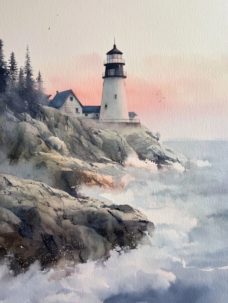 Extraordinary abstract painting with Watercolor and gouche painting of a coastal lighthouse standing