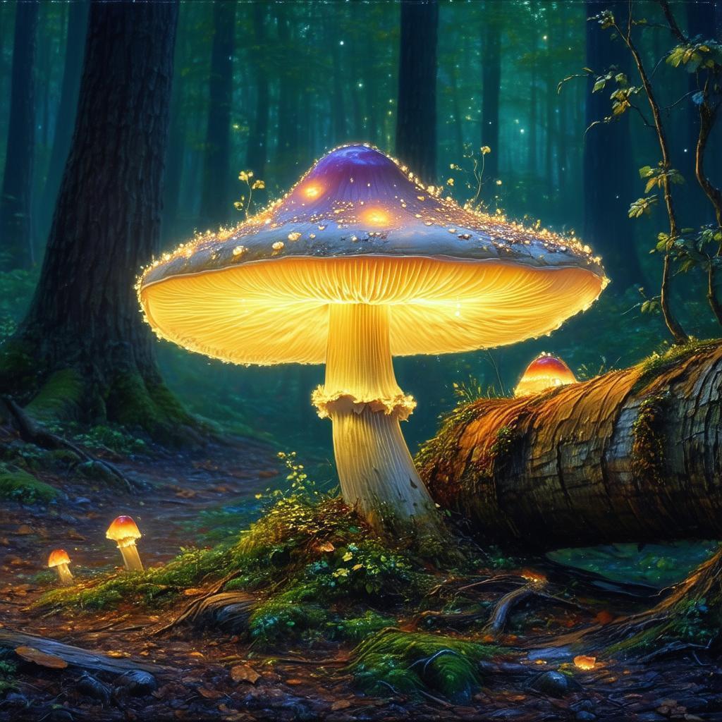 Luminous Enchanted Mushroom on an Ancient Log