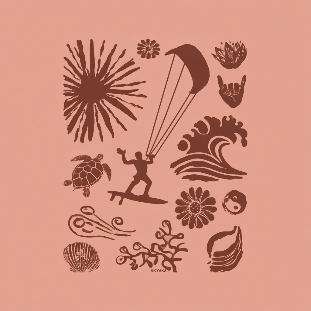 White colored minimal chill bohemian illustration little kitesurfing , wave, sun , lotus, shaka