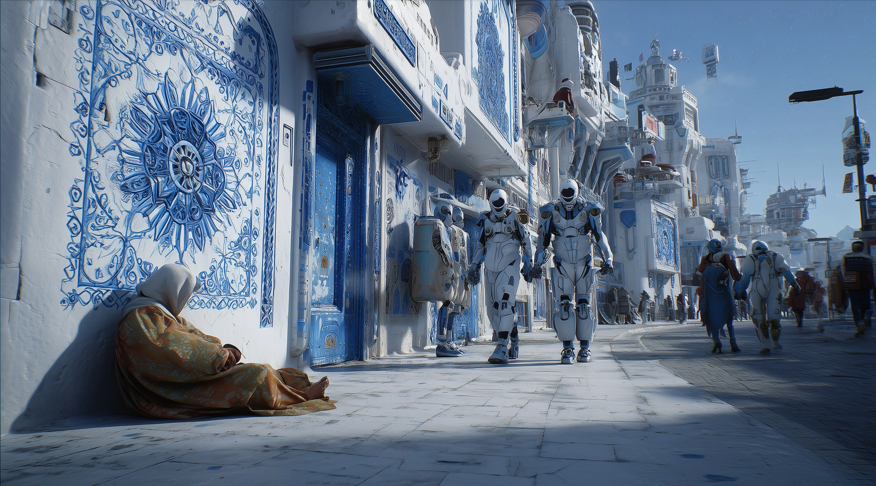 A cinematic shot of a futuristic cyberpunk city street. an old man is sleeping on the ground