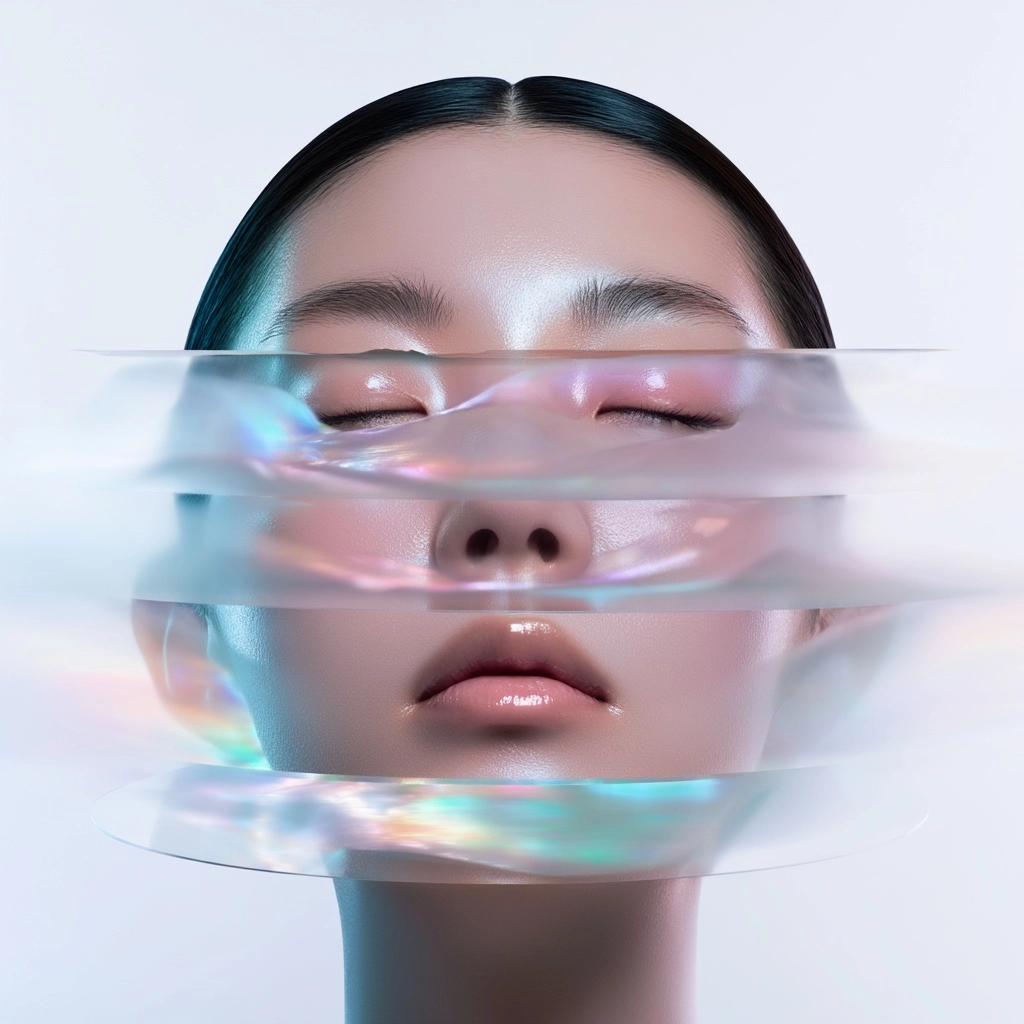 A high-end art portrait of a beautiful Japanese woman, eyes gently closed, serene expression