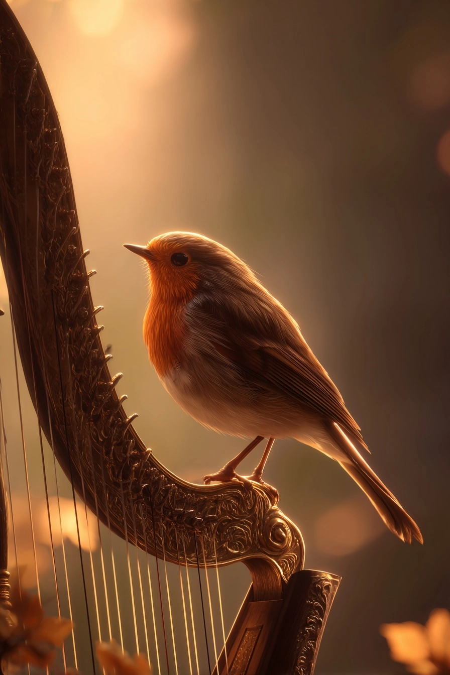 A small robin perched gently on an elegant irish harp, soft golden morning light