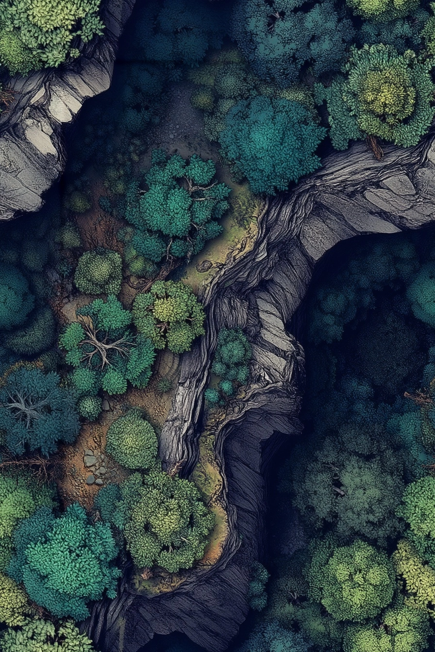 A top down view of rocky cliff in a dark ancient wood, inkarnate style, highly detailed