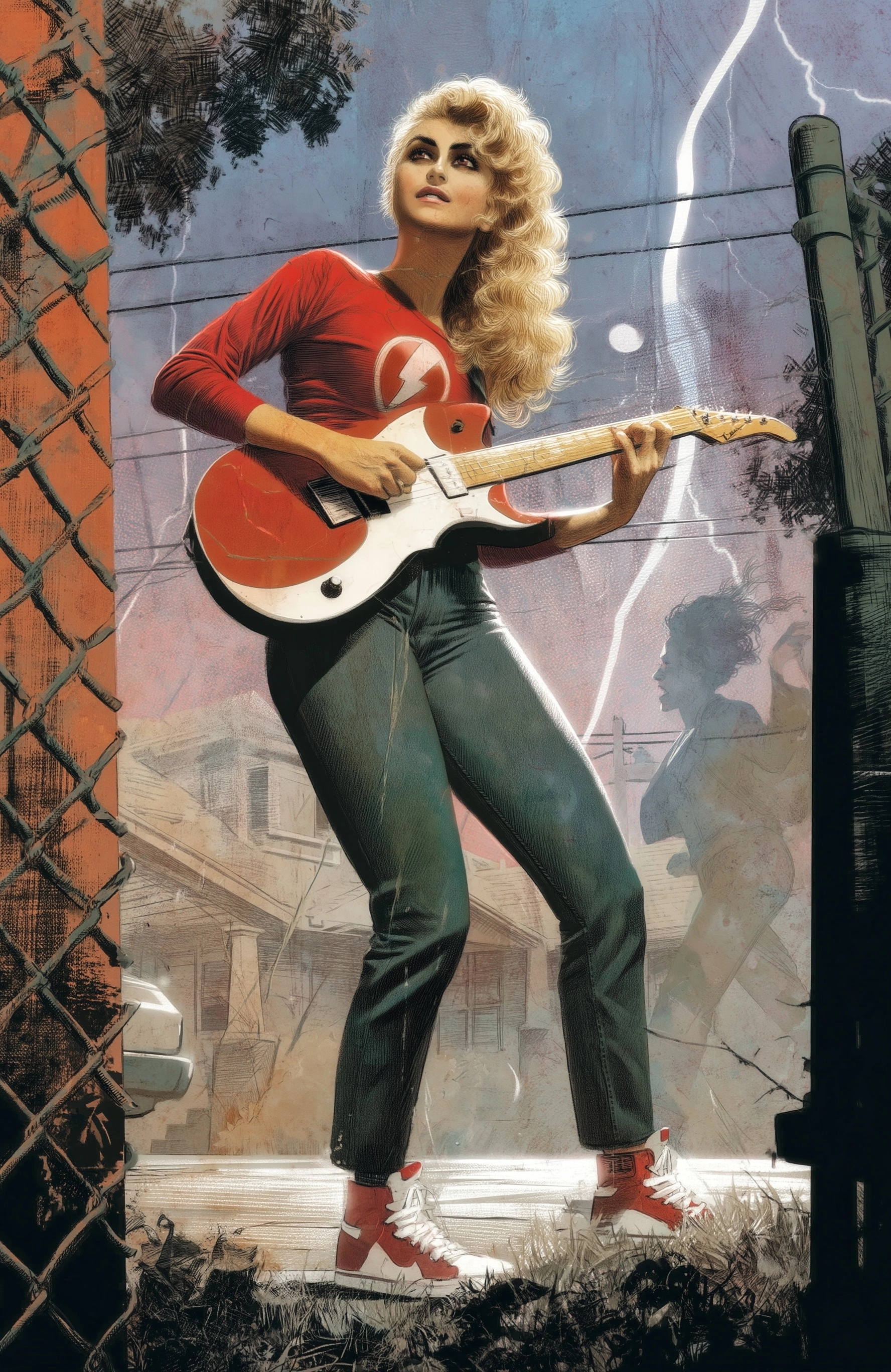 Grunge poster, in the style of comic artist Jon j muth depicting punk female, wearing jeans
