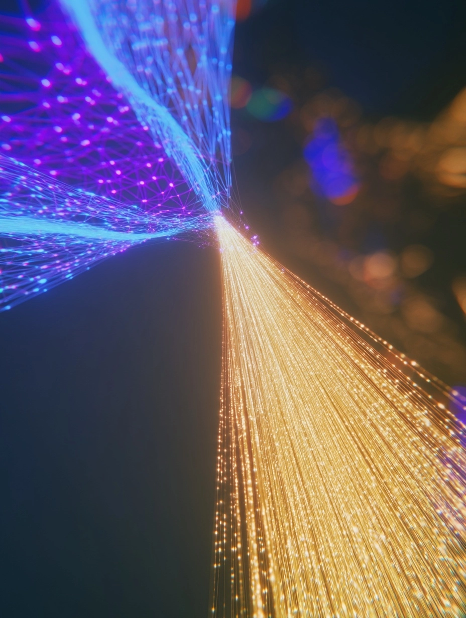 Extreme close-up of a critical data intersection, a fluid blue stream of light collides with a rigid