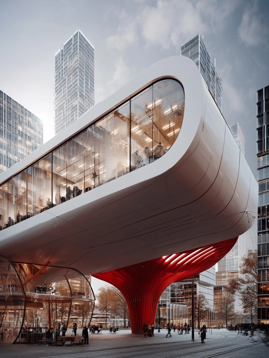 Architectural design, cantilever, cafeteria, small, minimalistic, in the city, simple curves
