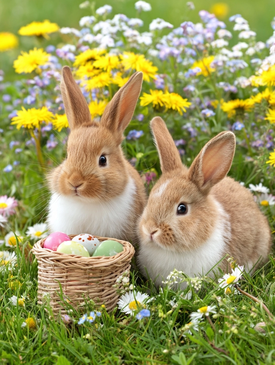 Award-winning nature photography. Two cute easter bunnies sitting in front of a small basket with ea