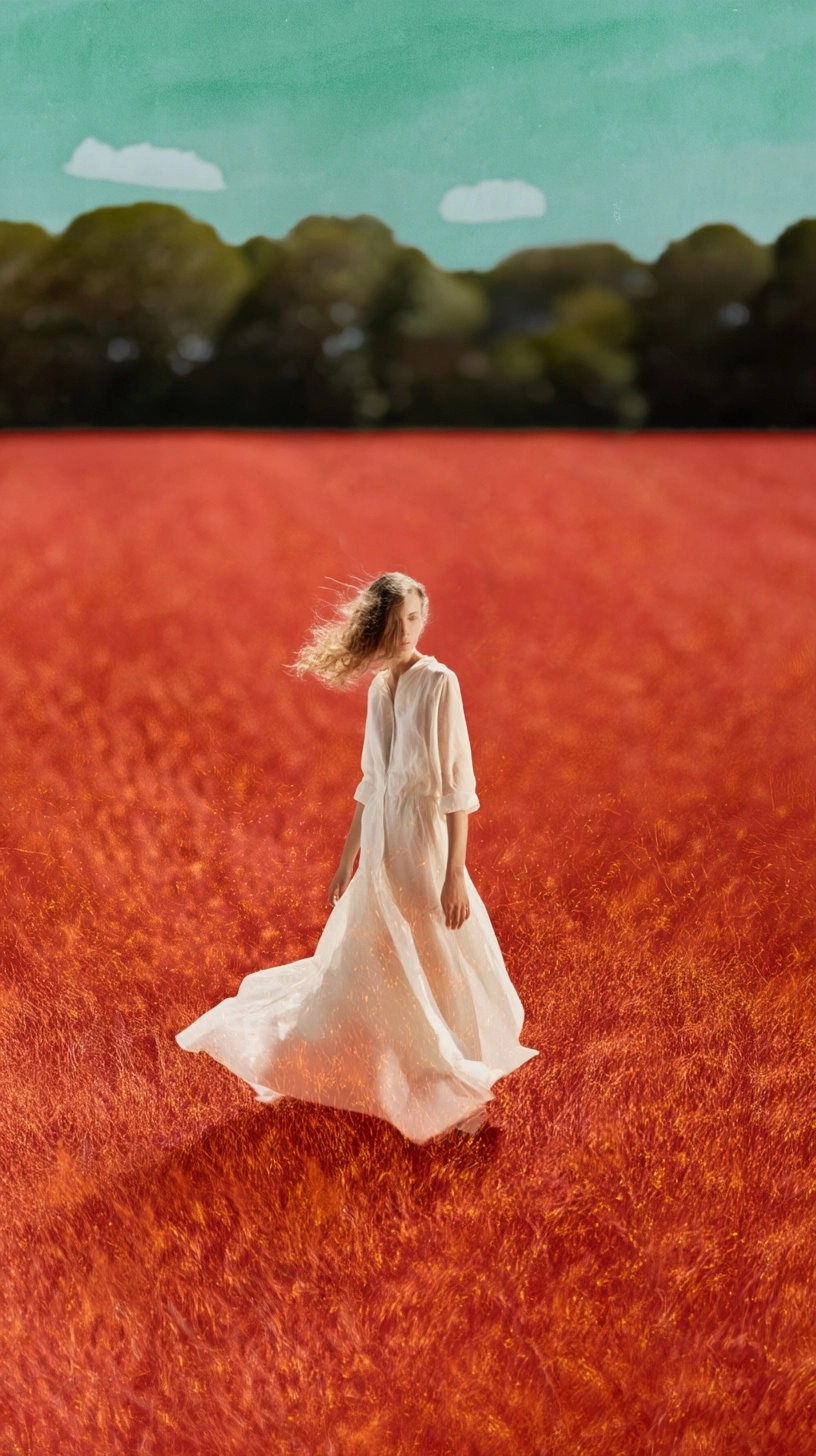 Cinematic wide shot of a woman standing alone in a vast surreal field of glowing embers