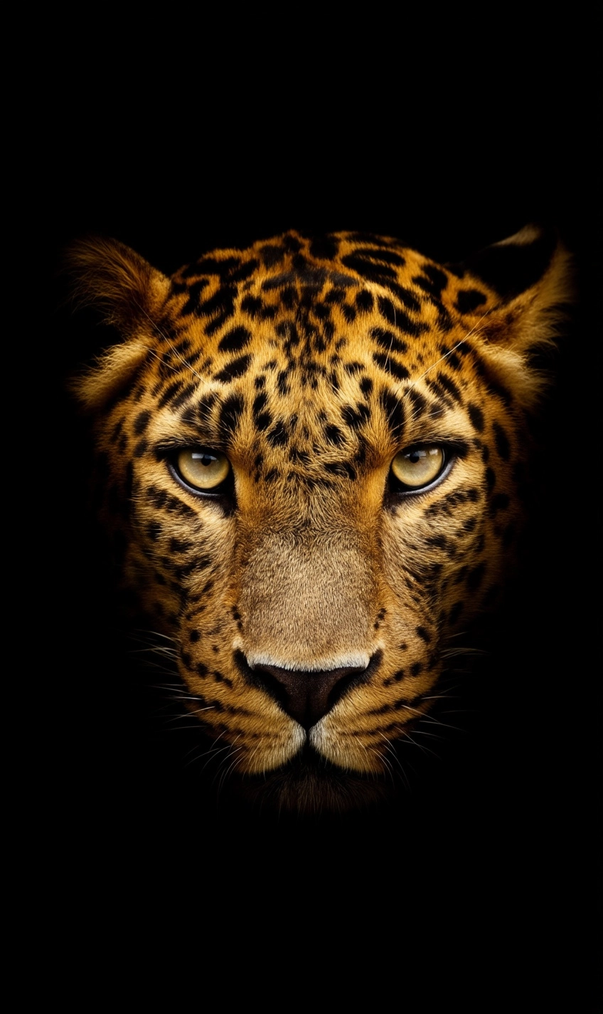 Extreme close-up of golden leopard, black background, edge light
