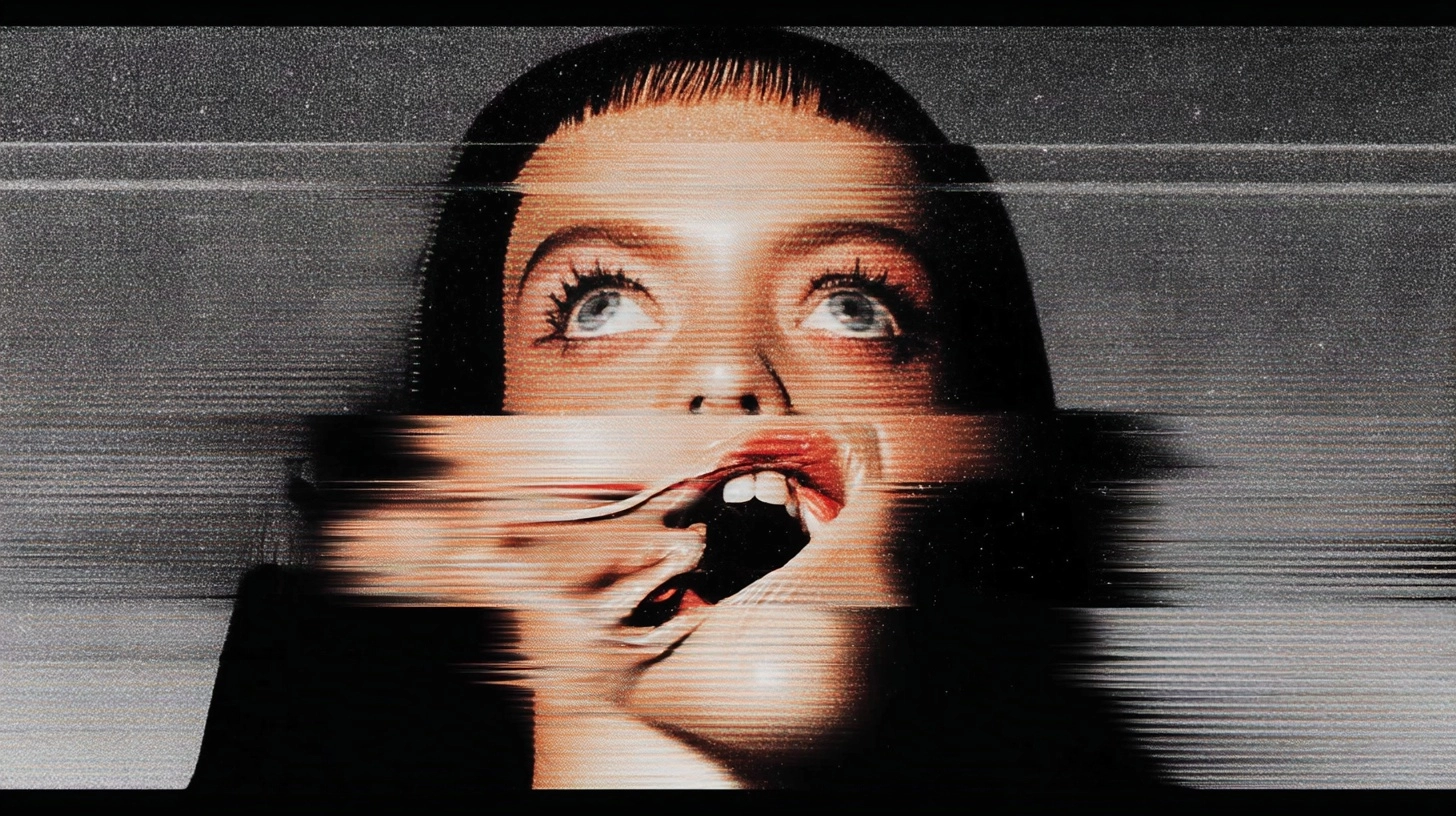 Glitch shot, woman's face melting and stretching like in The Persistence of Memory
