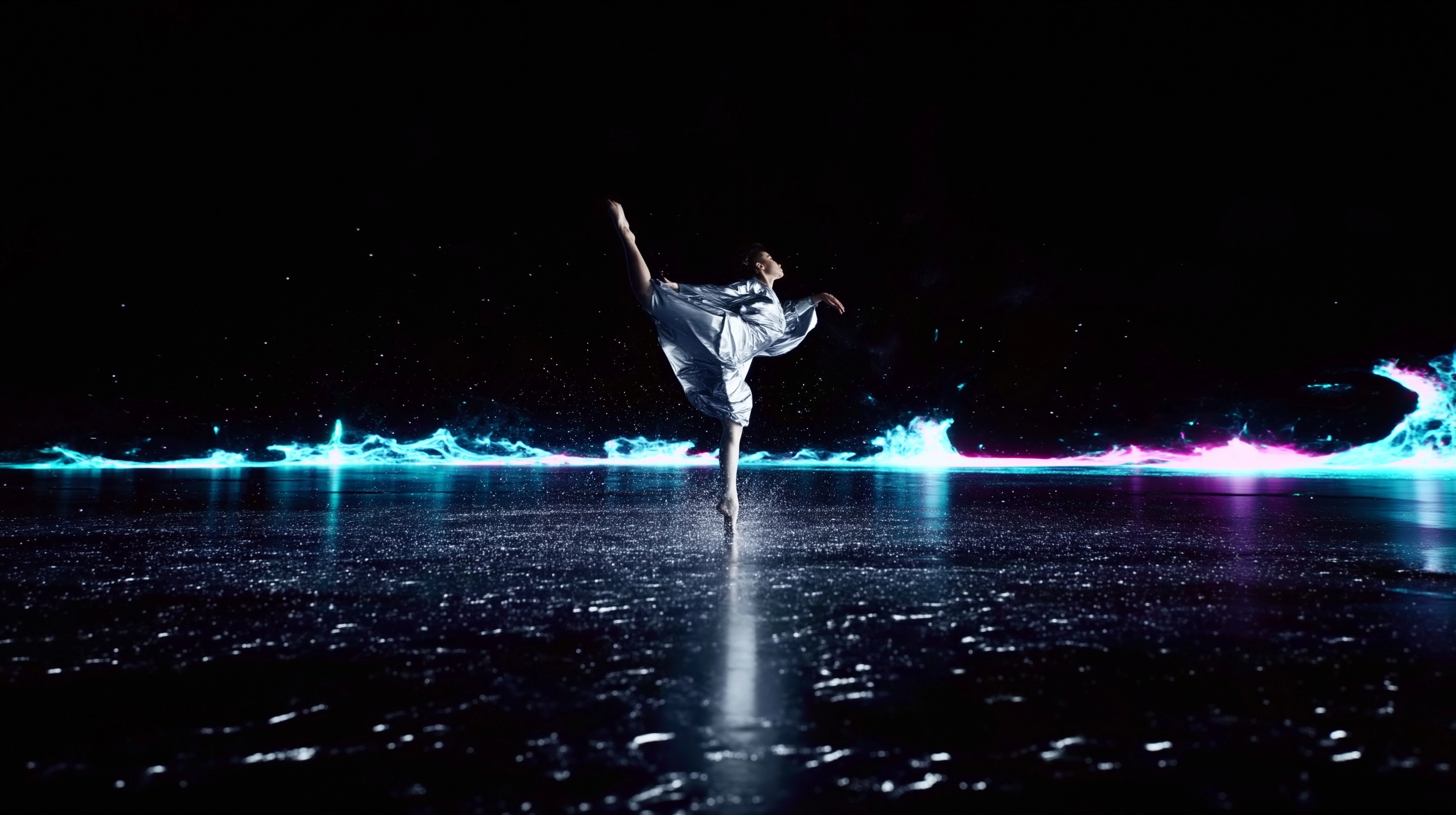 A high-end CGI cinematic still focusing on a lone female dancer on a vast
