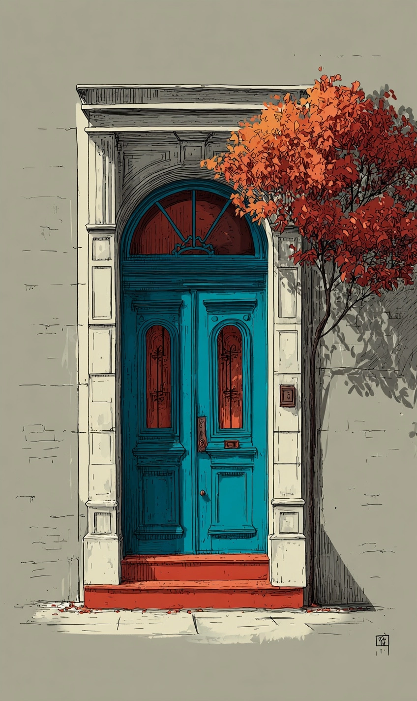 IPhone-shaped entrance door. Colored drawing.