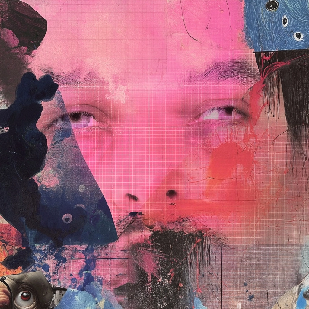 Child's crayon collage of close up of a holographic portrait neon pinks