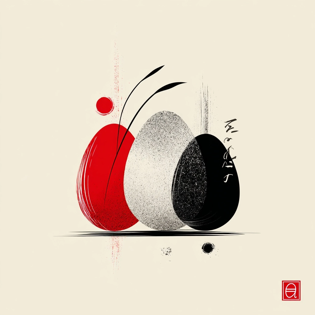 Minimalist easter card background, three eggs in red white and black