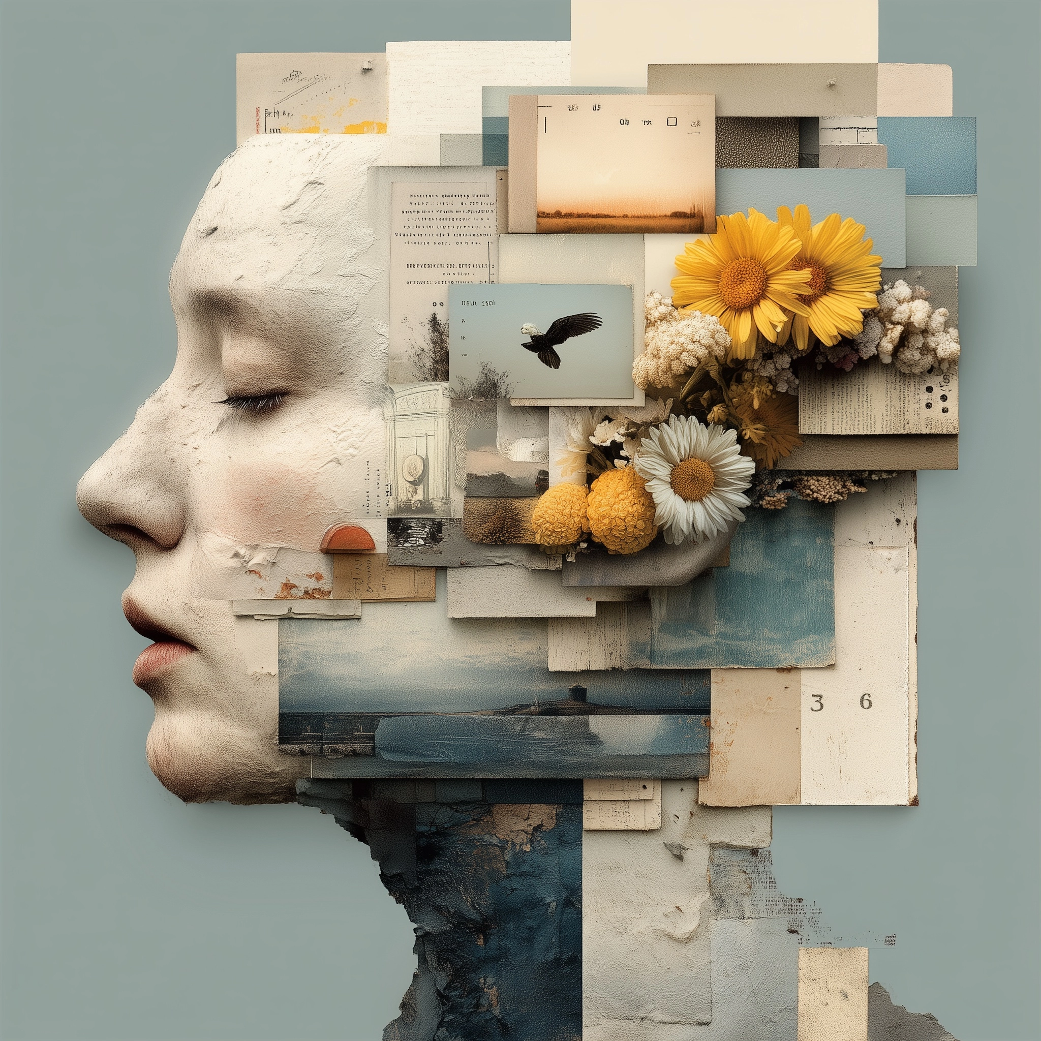 Mixed media collage of a head filled with floating objects, photos, symbols, notes, soft textures